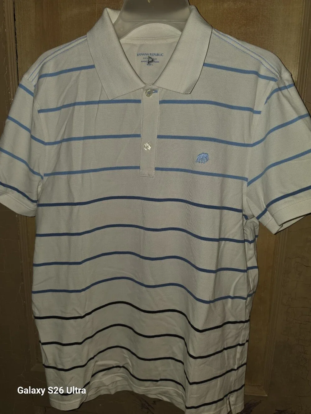Banana Republic White Polo with Light & Navy Blue Stripes